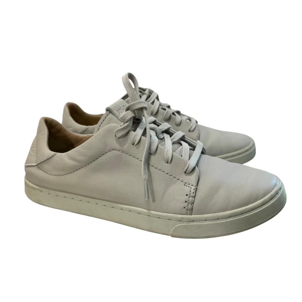 Olukai Pehuea Li Ili Full Grain Leather Sneakers Women US 7.5 Mist Gray Eggshell